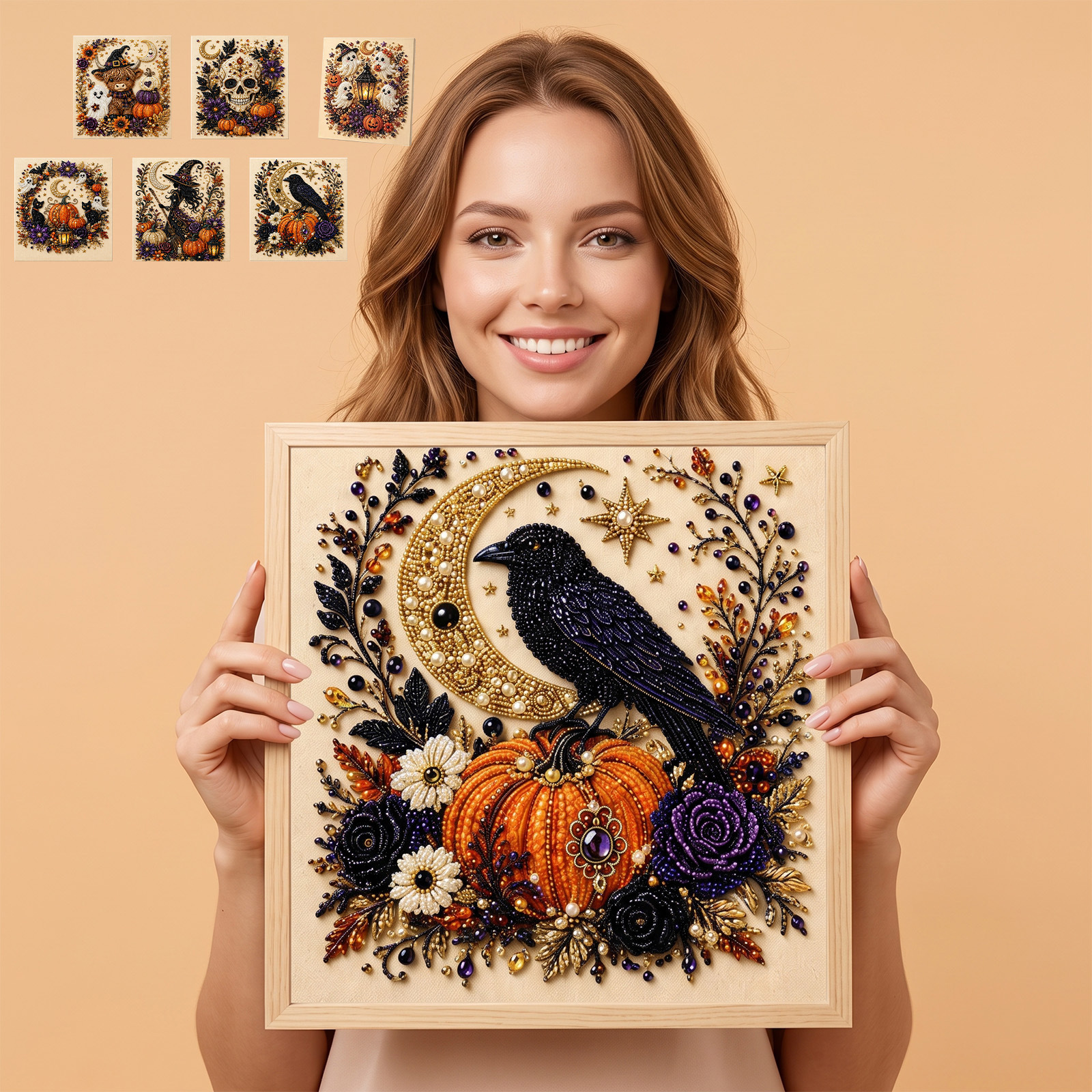 Susu  DIY Halloween Diamond Painting Kit - Spooky Ghost & Pumpkin Wall Art Decor for Home - Handmade Rhinestone Mosaic Embroidery Craft Gift